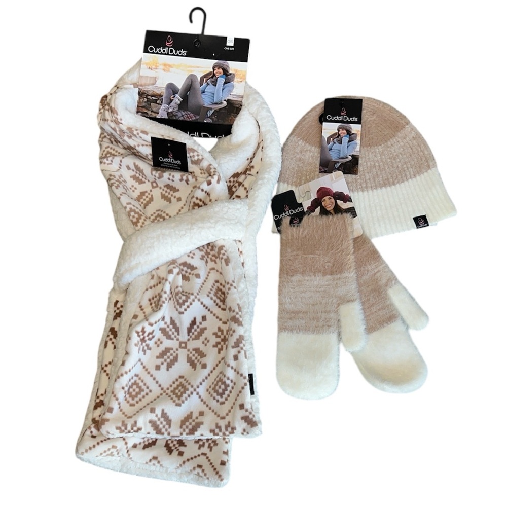 Women’s Cuddl Duds Beanie, Mittens, and Scarf 3 Piece Set NWT Ivory and Tan